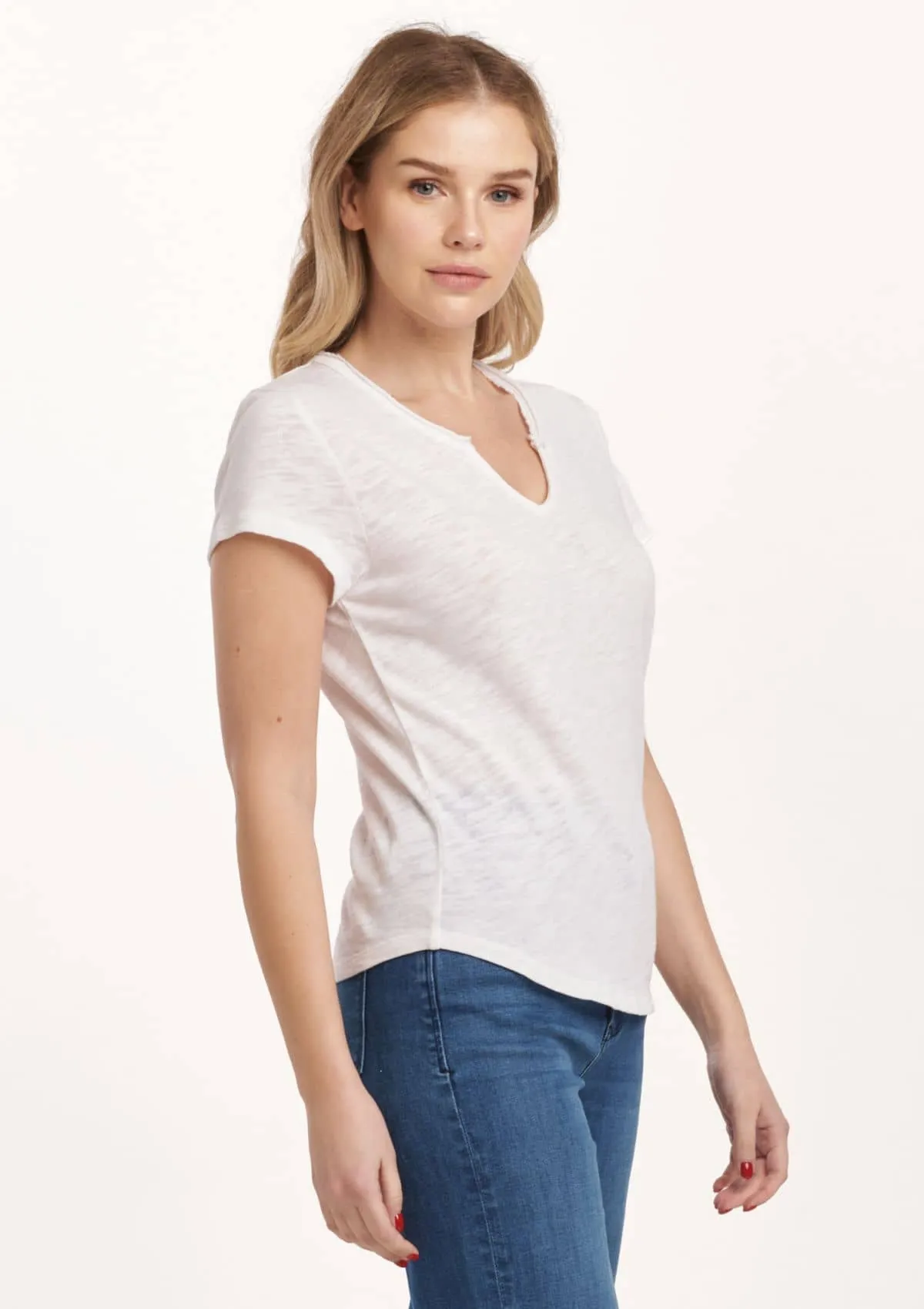 Anaya Short Sleeve Notch Neck Slub Tee - White