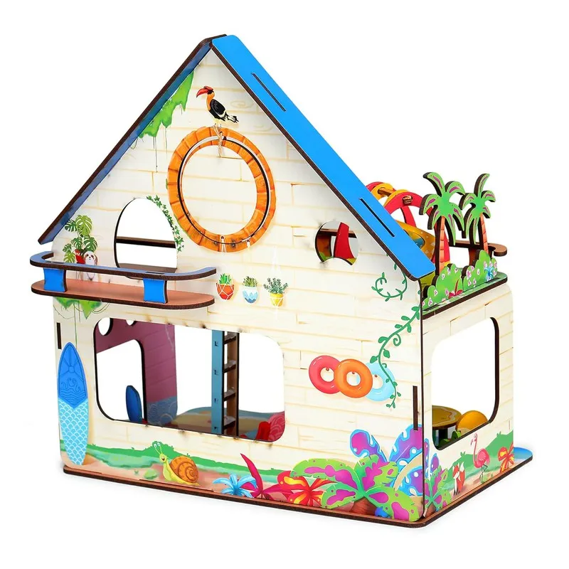 Beachvilla The Weekend Escape All Side Play Doll House for Girls & Boys DIY Paint Wooden Doll House Toy with Furniture for Kids