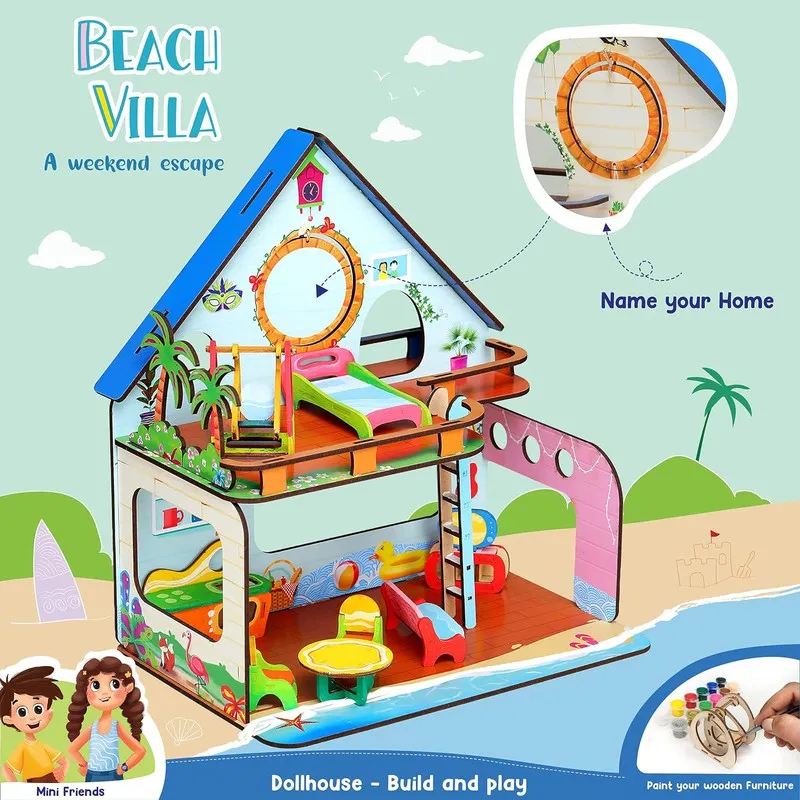 Beachvilla The Weekend Escape All Side Play Doll House for Girls & Boys DIY Paint Wooden Doll House Toy with Furniture for Kids