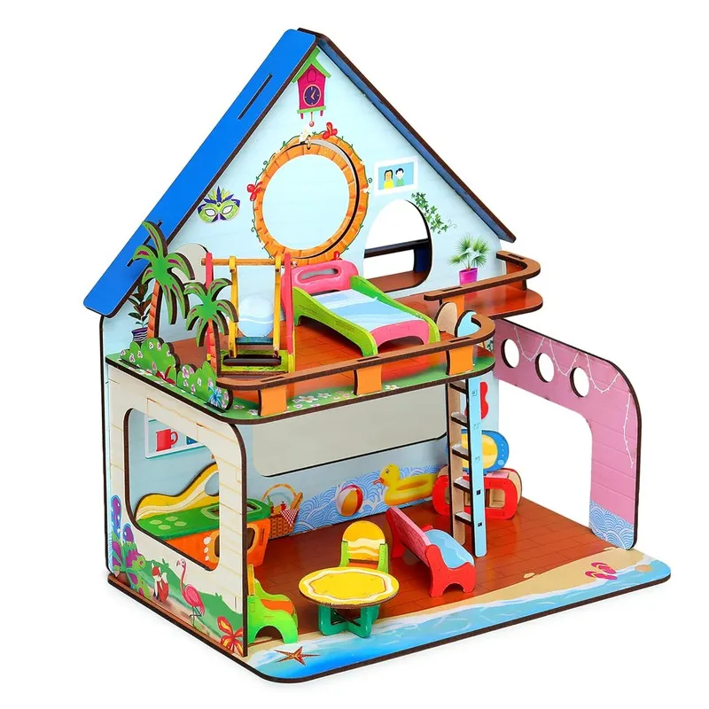 Beachvilla The Weekend Escape All Side Play Doll House for Girls & Boys DIY Paint Wooden Doll House Toy with Furniture for Kids