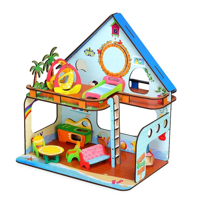 Beachvilla The Weekend Escape All Side Play Doll House for Girls & Boys DIY Paint Wooden Doll House Toy with Furniture for Kids