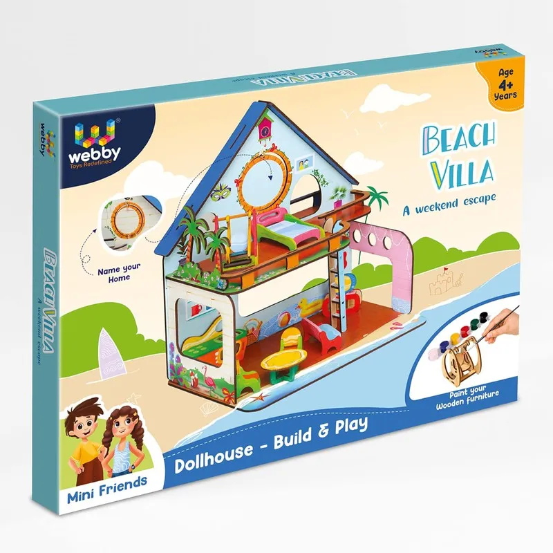 Beachvilla The Weekend Escape All Side Play Doll House for Girls & Boys DIY Paint Wooden Doll House Toy with Furniture for Kids