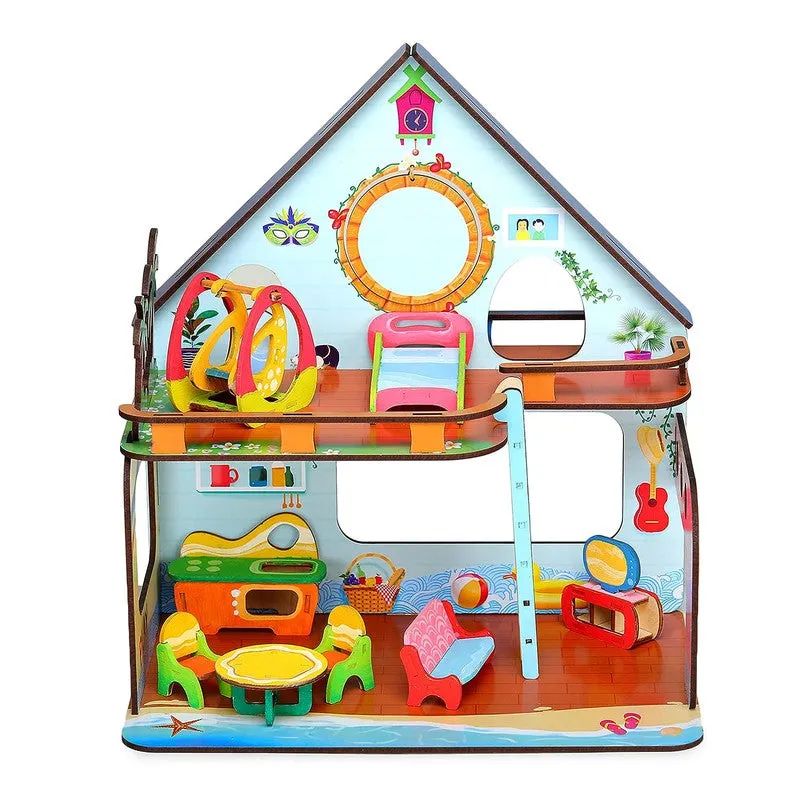 Beachvilla The Weekend Escape All Side Play Doll House for Girls & Boys DIY Paint Wooden Doll House Toy with Furniture for Kids