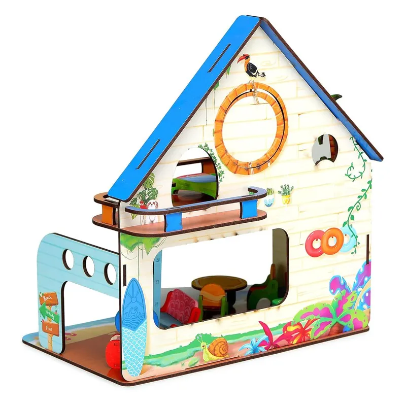 Beachvilla The Weekend Escape All Side Play Doll House for Girls & Boys DIY Paint Wooden Doll House Toy with Furniture for Kids