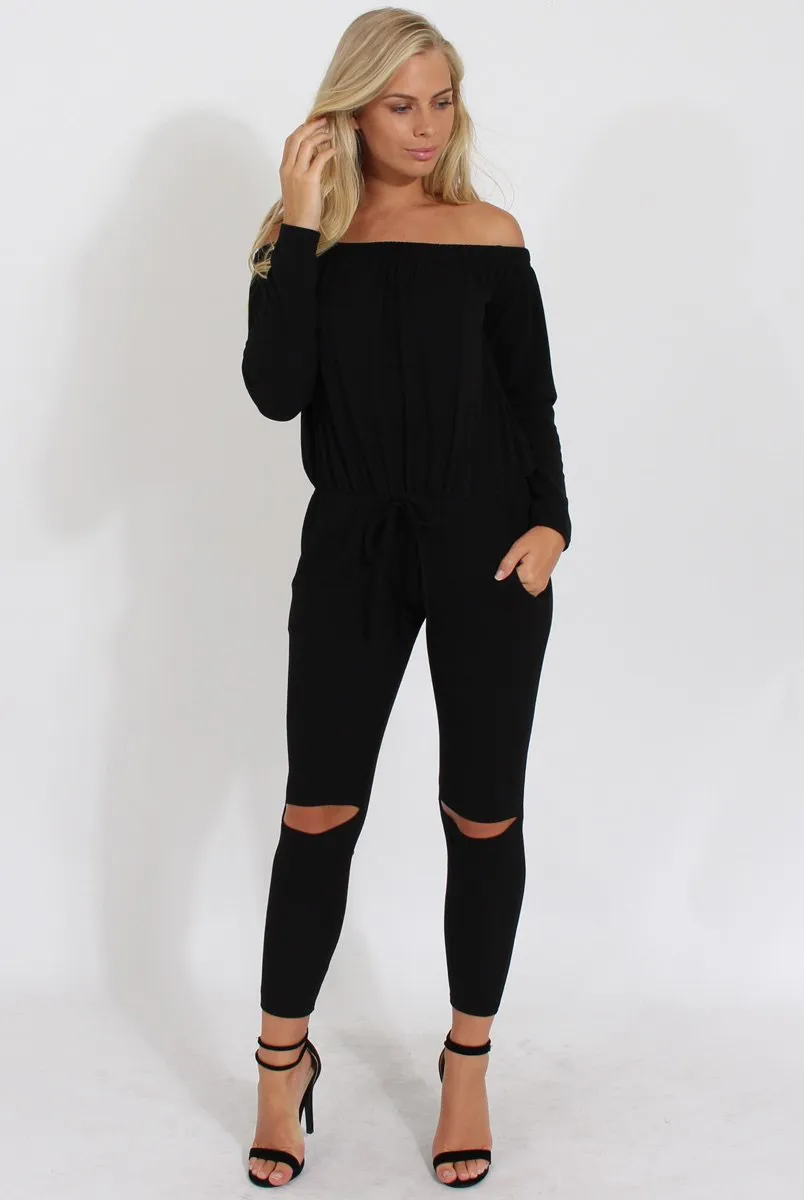 Black Bardot Ripped Knee Jumpsuit - Betty