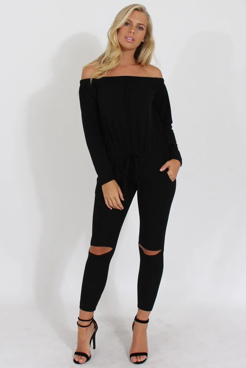 Black Bardot Ripped Knee Jumpsuit - Betty