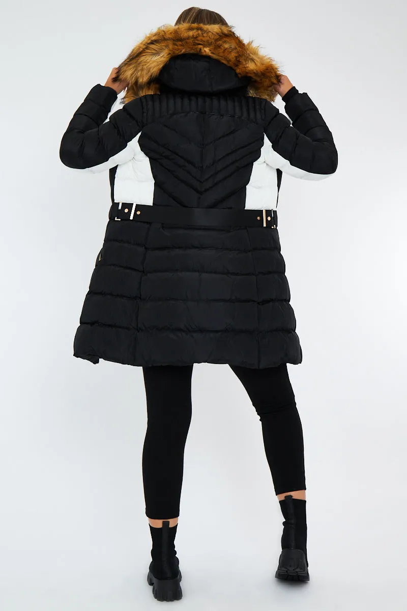 Black Fur Hood Contrast Panel Puffer Coat - Chelsie