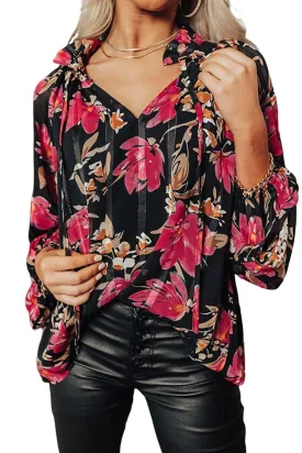 Black Ruffled Collar Floral Blouse Multicolor