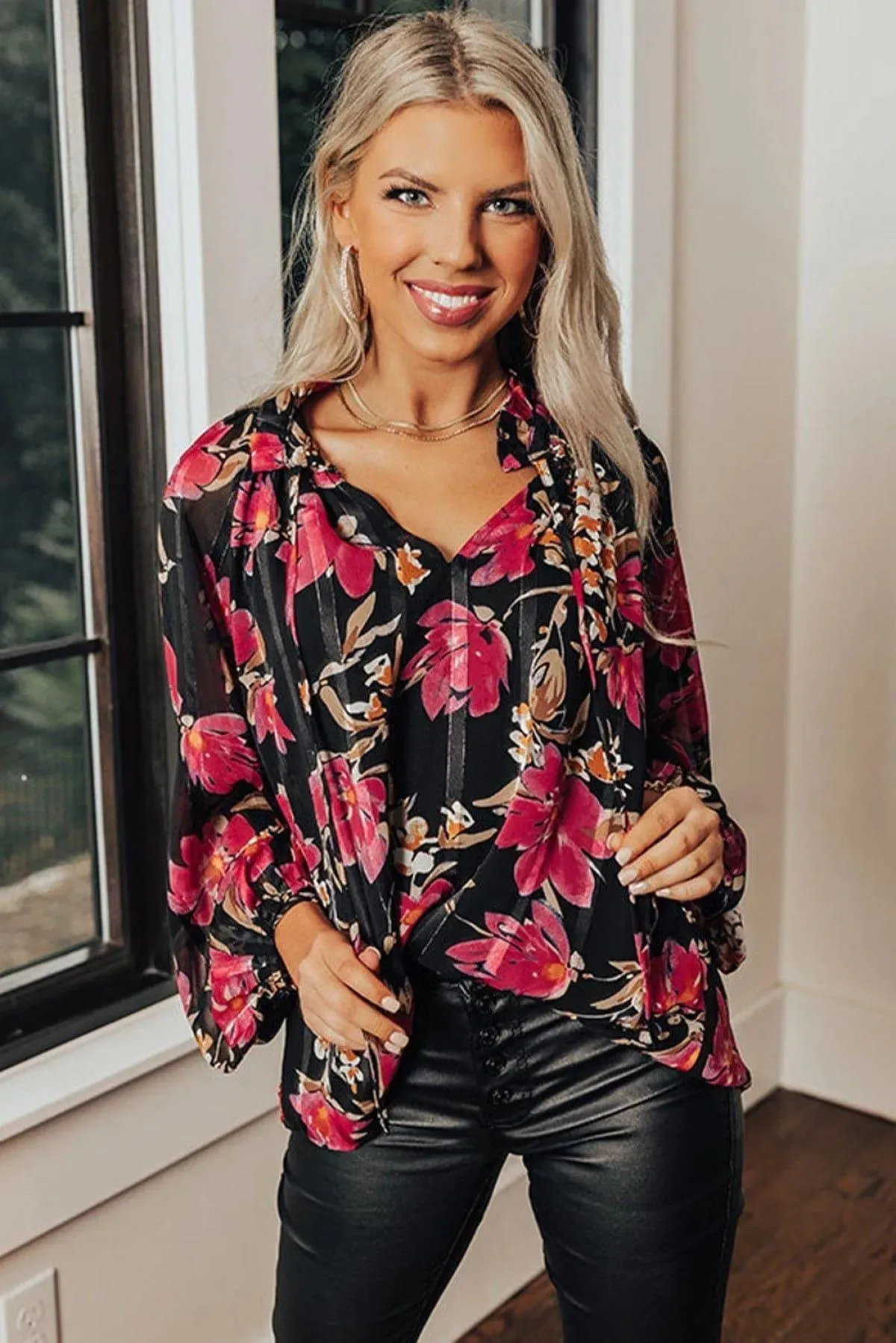 Black Ruffled Collar Floral Blouse Multicolor