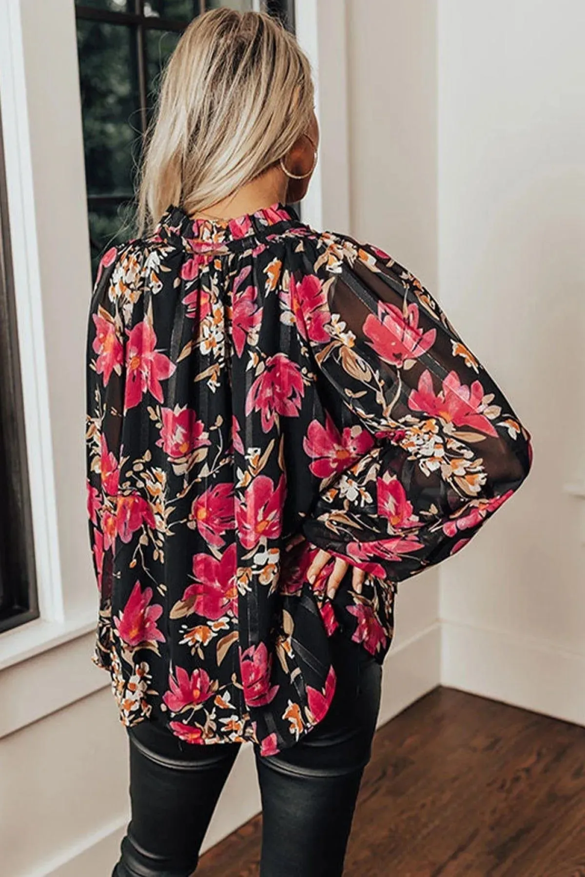 Black Ruffled Collar Floral Blouse Multicolor