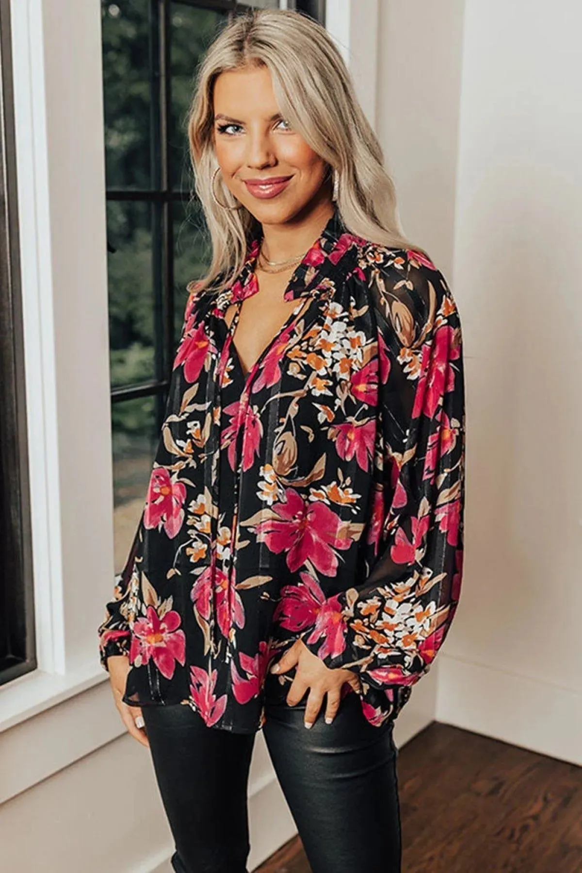 Black Ruffled Collar Floral Blouse Multicolor