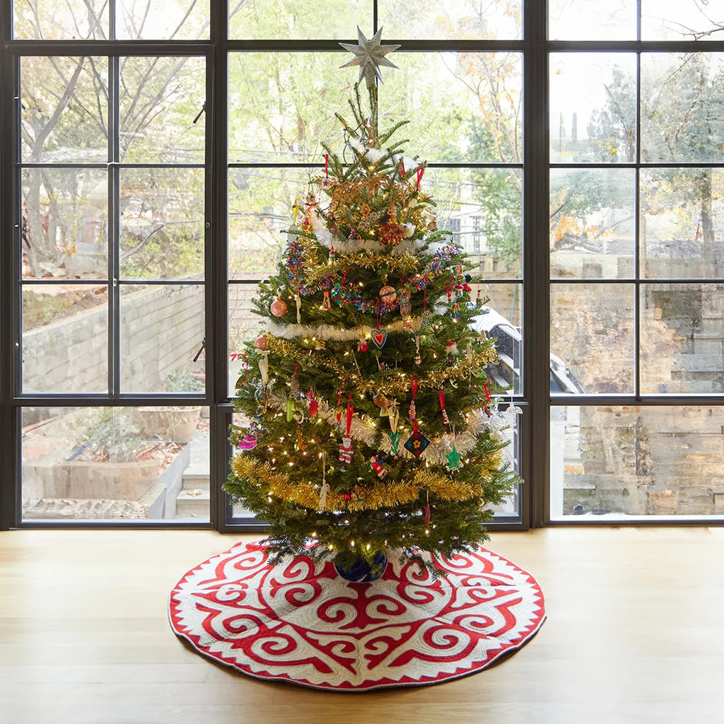 Contemporary Red With White Shyrdak Tree Skirt