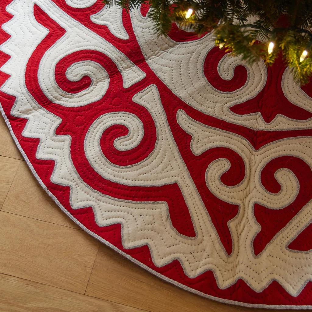 Contemporary Red With White Shyrdak Tree Skirt