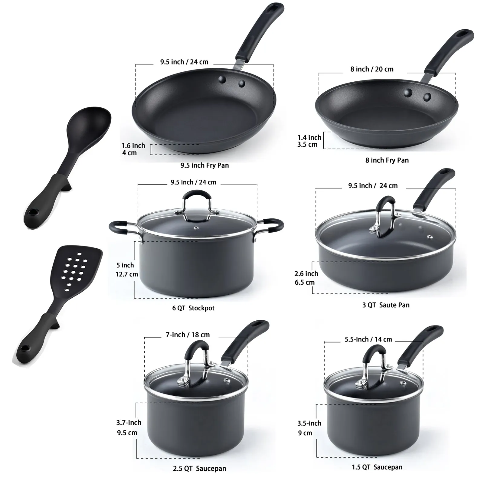 Cook N Home Pots and Pans Set Nonstick Professional Hard Anodized Cookware Sets 12-Piece , Dishwasher Safe with Stay-Cool Handles, Black