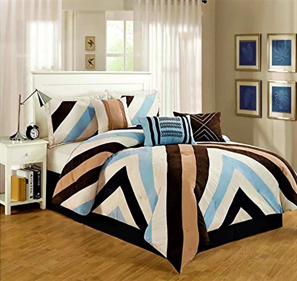 DETROIT 7pc Microsuede Comforter Set (Blue & Brown)