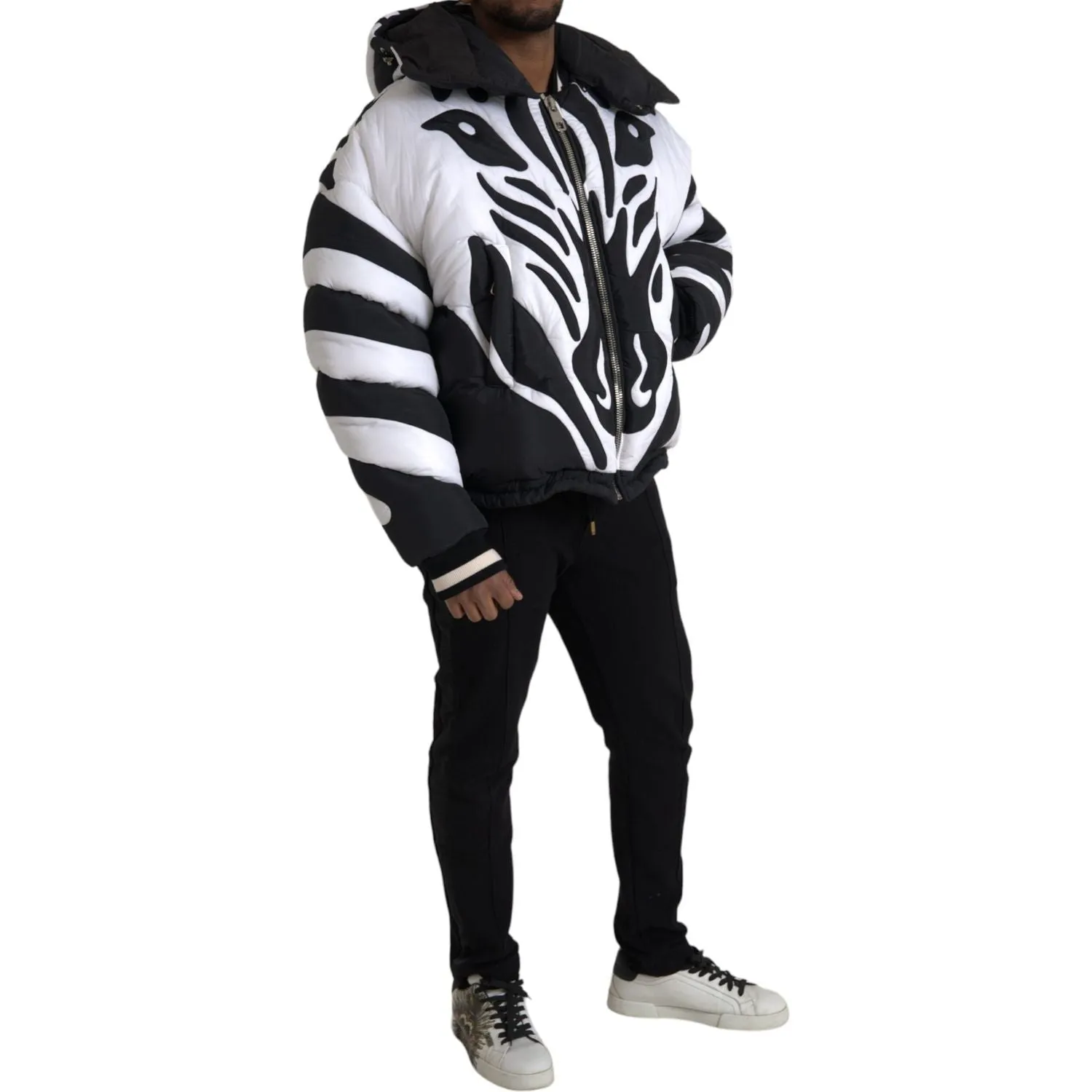 Dolce & Gabbana Black White Stripes Hooded Puffer Jacket