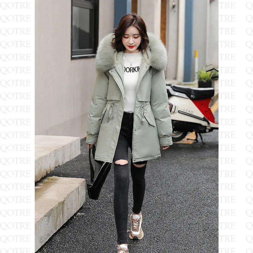 Drawstring Thigh-Length Fur Collar Parka