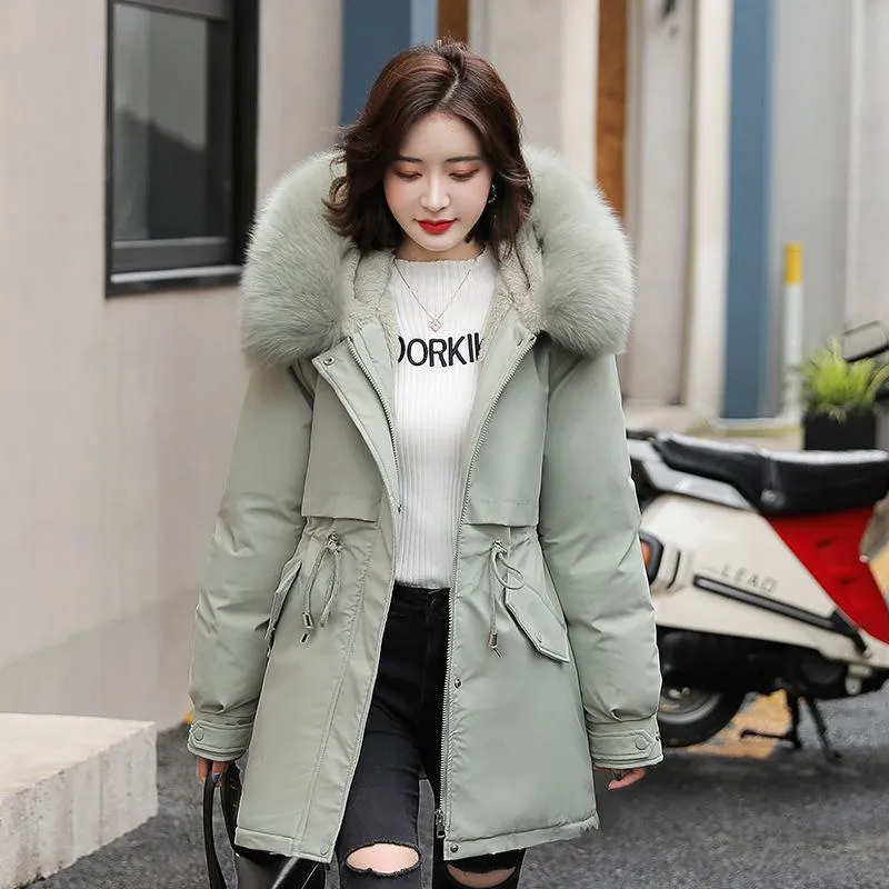 Drawstring Thigh-Length Fur Collar Parka