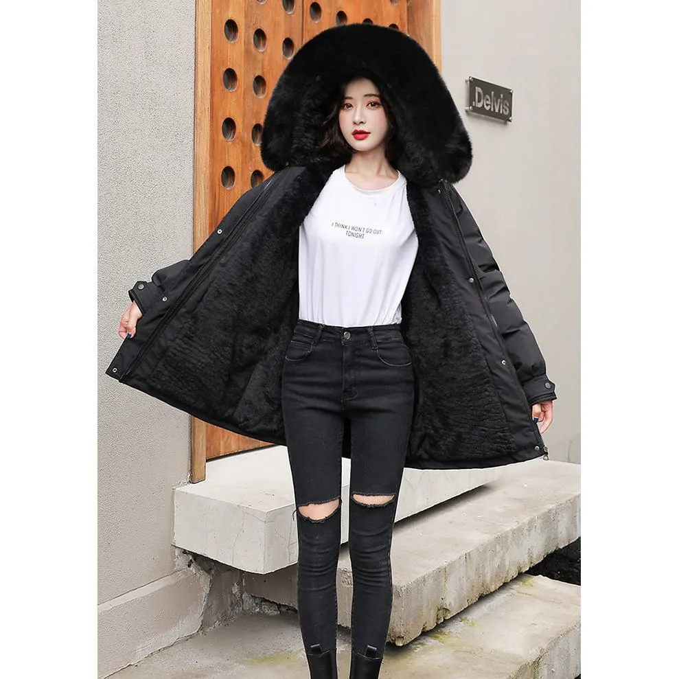 Drawstring Thigh-Length Fur Collar Parka