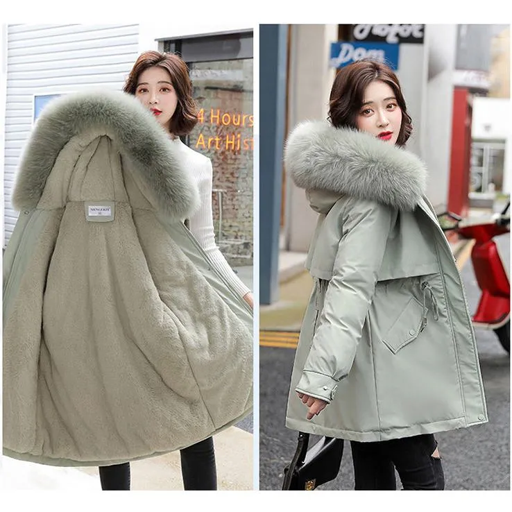 Drawstring Thigh-Length Fur Collar Parka