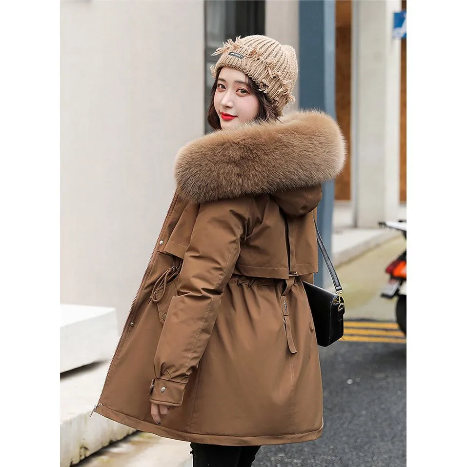 Drawstring Thigh-Length Fur Collar Parka