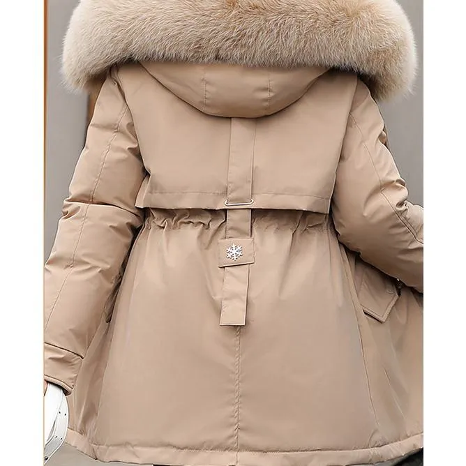 Drawstring Thigh-Length Fur Collar Parka