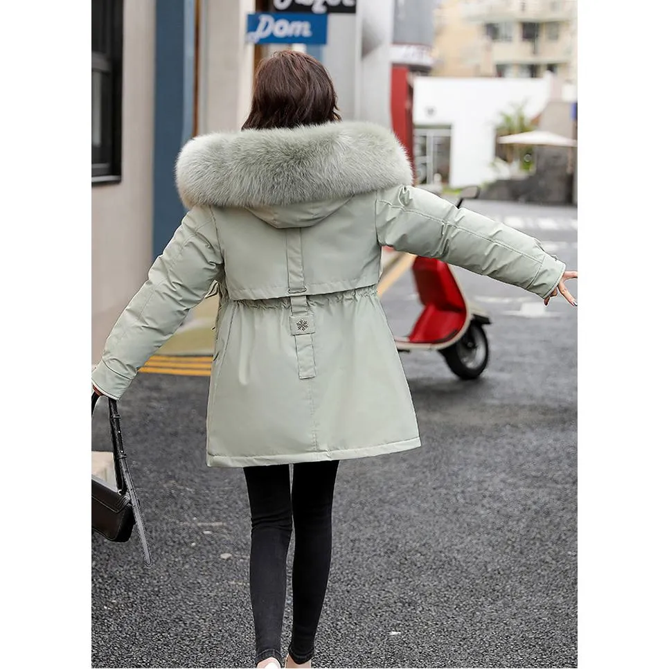 Drawstring Thigh-Length Fur Collar Parka