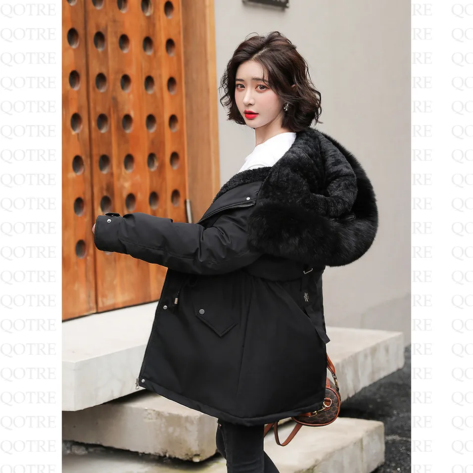 Drawstring Thigh-Length Fur Collar Parka