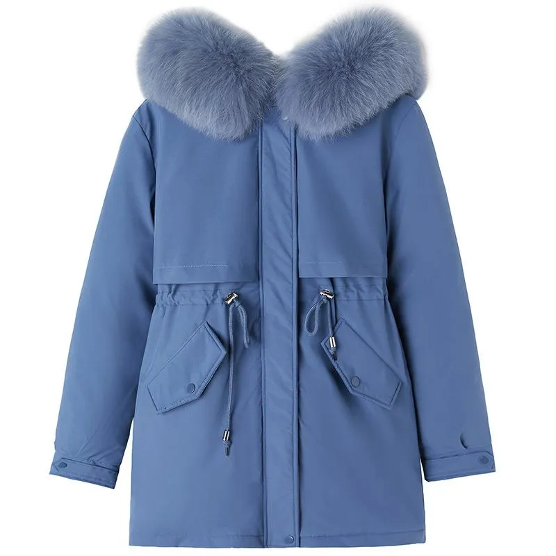 Drawstring Thigh-Length Fur Collar Parka