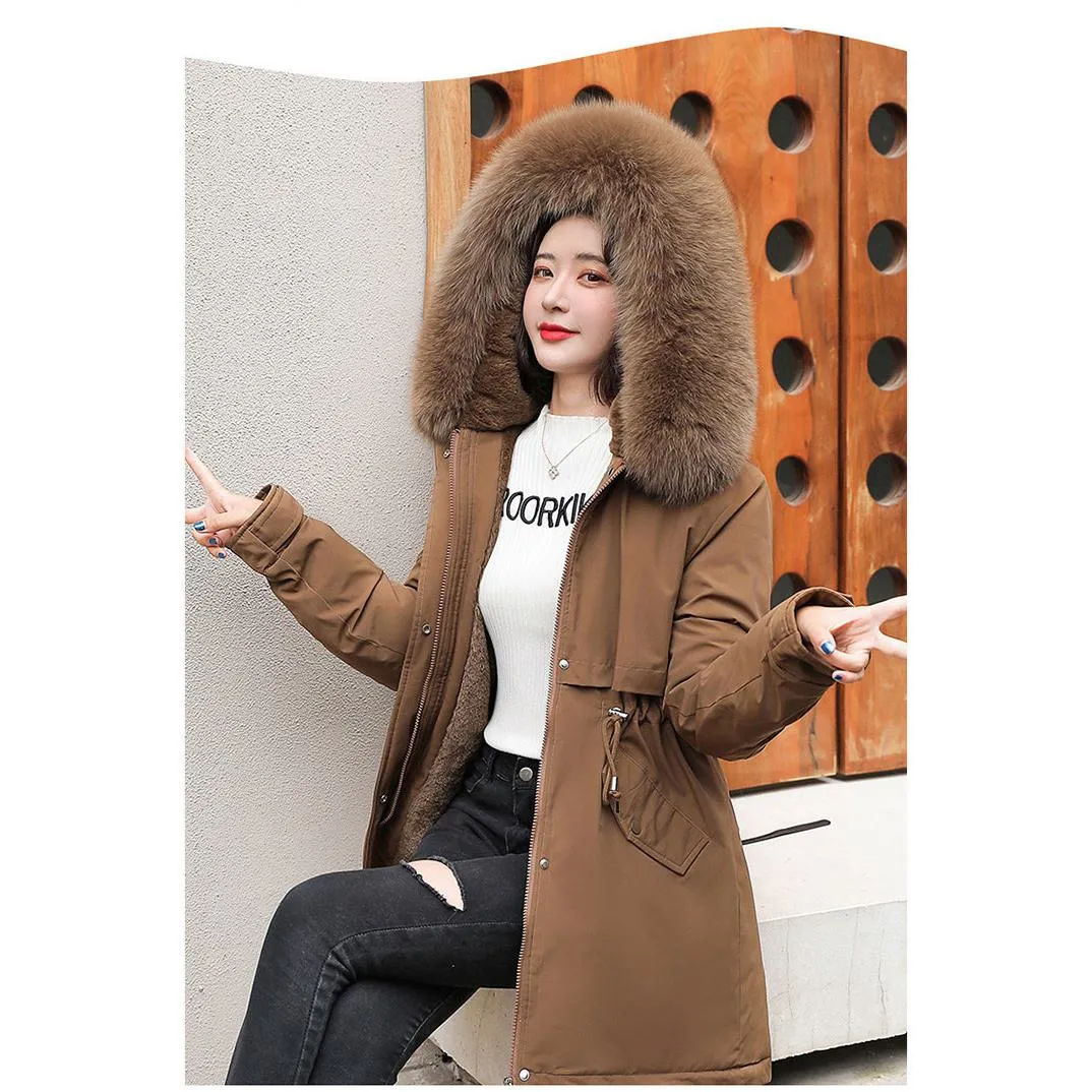 Drawstring Thigh-Length Fur Collar Parka