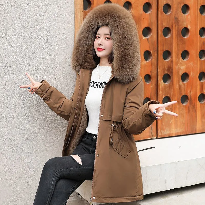 Drawstring Thigh-Length Fur Collar Parka