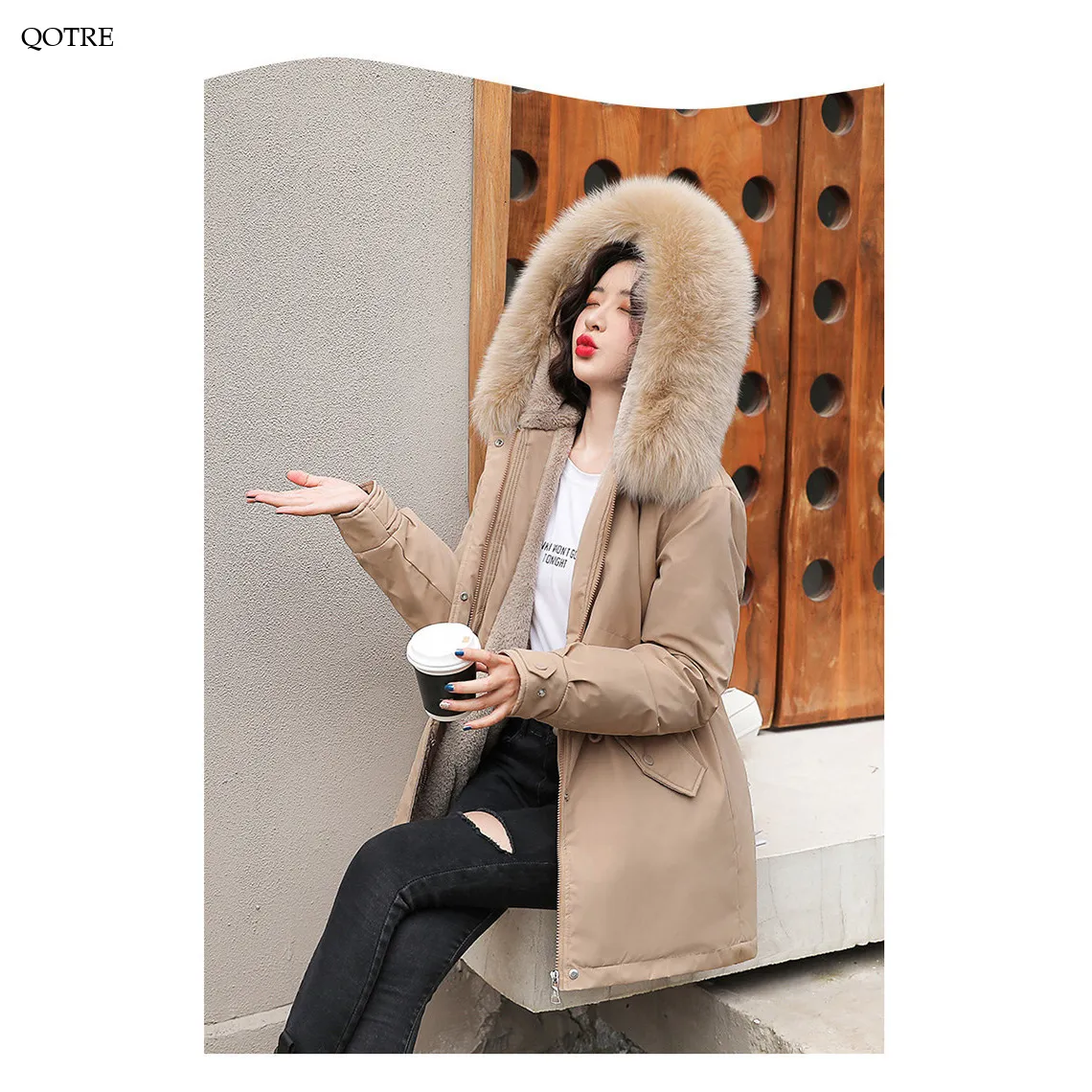 Drawstring Thigh-Length Fur Collar Parka