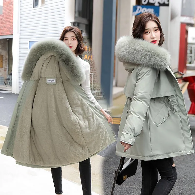 Drawstring Thigh-Length Fur Collar Parka