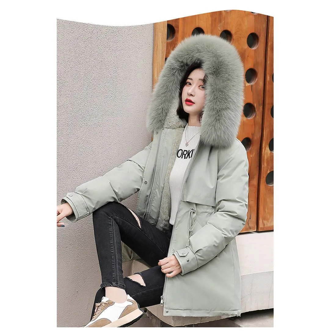 Drawstring Thigh-Length Fur Collar Parka