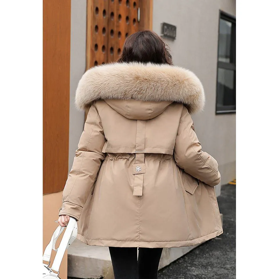 Drawstring Thigh-Length Fur Collar Parka