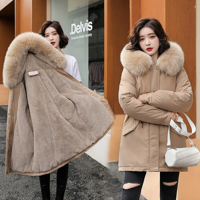 Drawstring Thigh-Length Fur Collar Parka