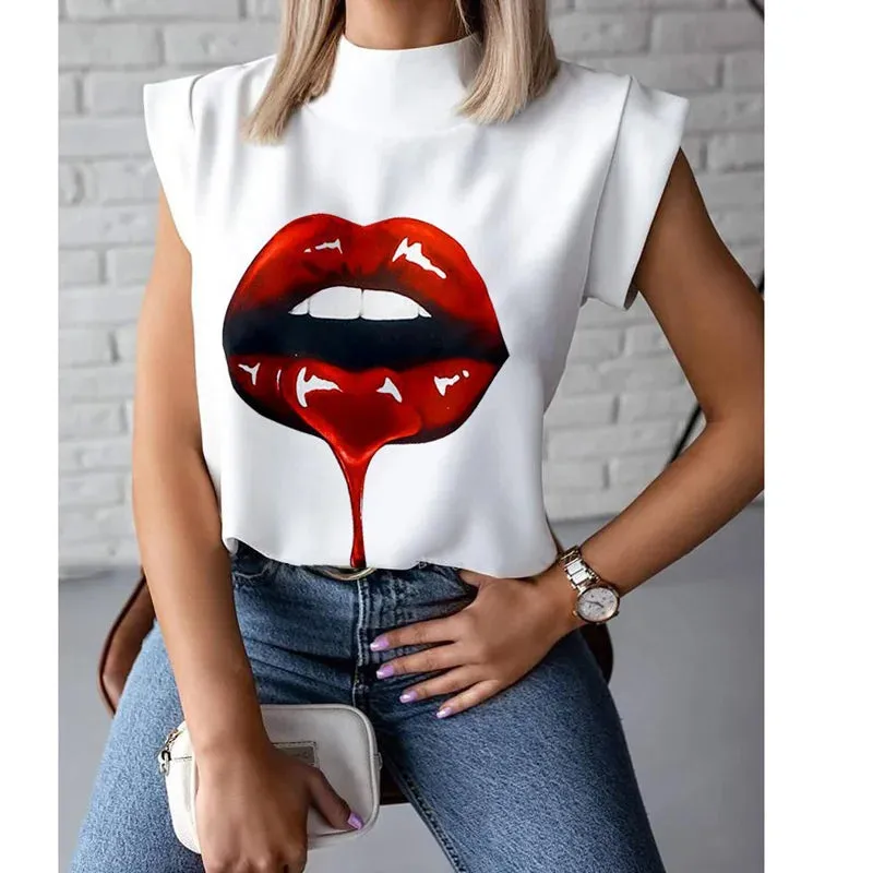 Fashion Elegant Lips Print Tops Summer Office Ladies Hirigin T-shirt