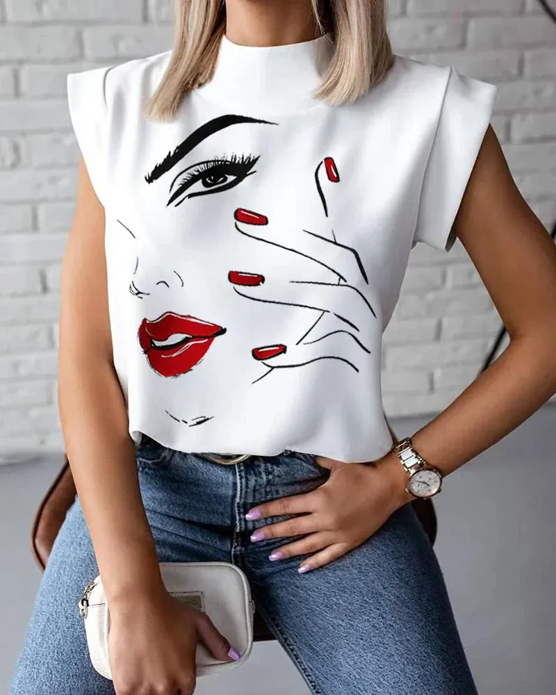 Fashion Elegant Lips Print Tops Summer Office Ladies Hirigin T-shirt