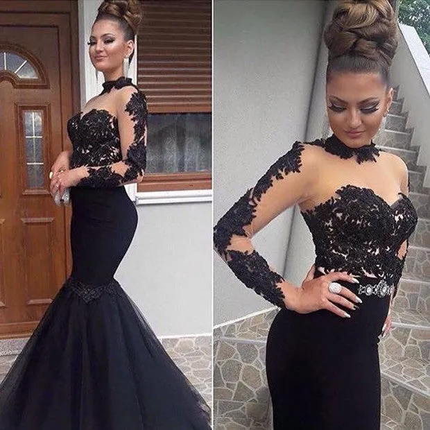 Gorgeous Black Lace Prom Dress Long Sleeve Mermaid Long Party Dress BA8045