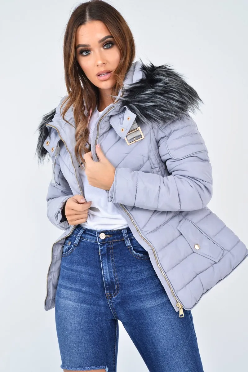 Grey Faux Fur Hood Gold Detail Puffer Coat - Rylah