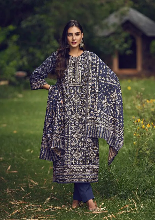 Handloom Weaving Blue Pashmina Unstiched Winter Suit