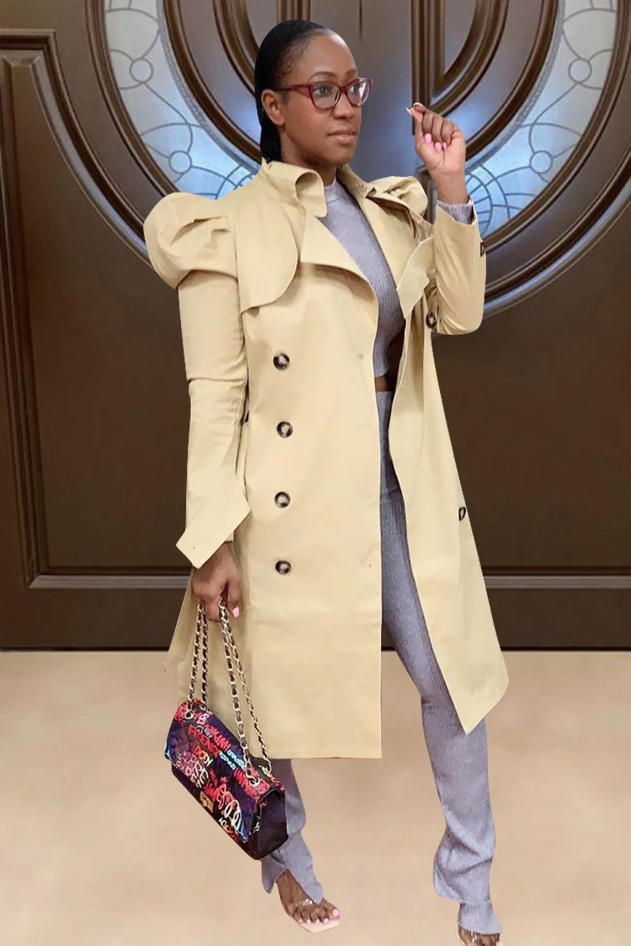 Lapel Puff Sleeve Long Trench