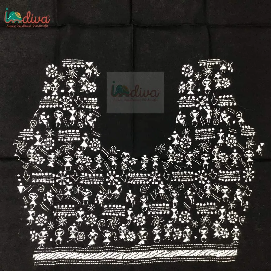 Monochrome Kantha Blouse Fabric With Worli Motifs