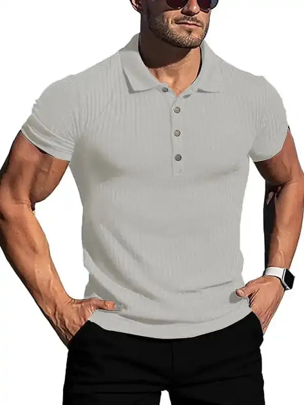 New Men’s High Stretch Vertical Stripe Long Sleeve POLO Shirt Slim Fit Short Sleeve Polo Shirt