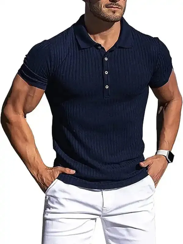 New Men’s High Stretch Vertical Stripe Long Sleeve POLO Shirt Slim Fit Short Sleeve Polo Shirt