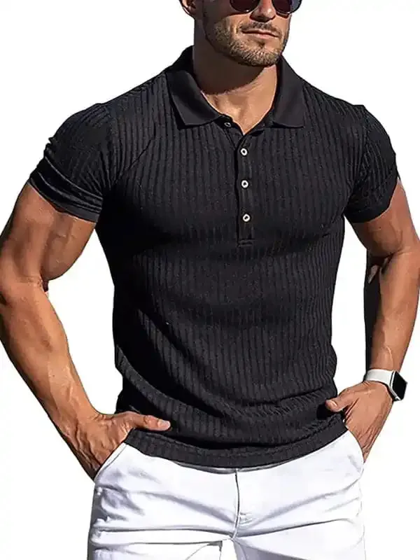 New Men’s High Stretch Vertical Stripe Long Sleeve POLO Shirt Slim Fit Short Sleeve Polo Shirt