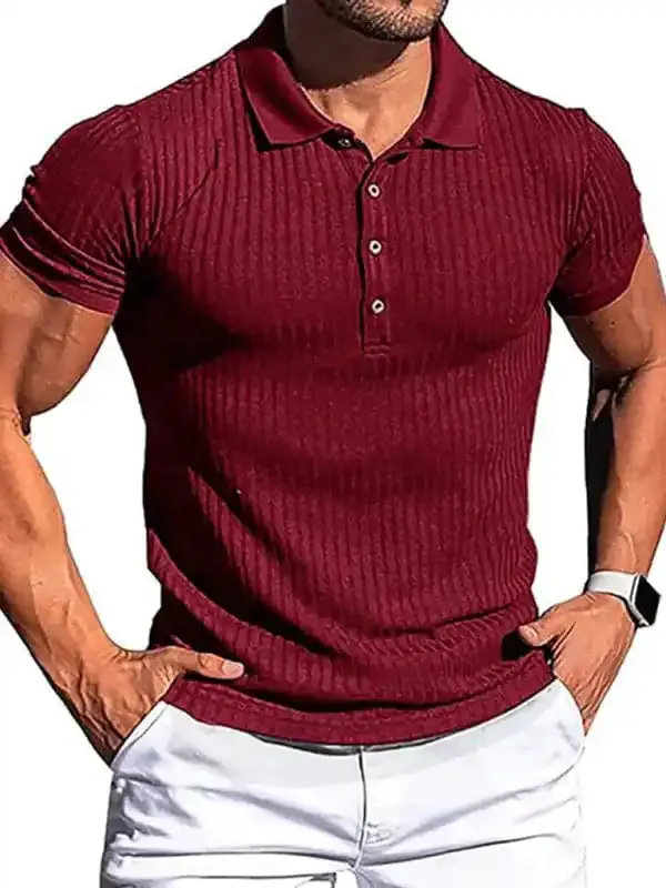 New Men’s High Stretch Vertical Stripe Long Sleeve POLO Shirt Slim Fit Short Sleeve Polo Shirt