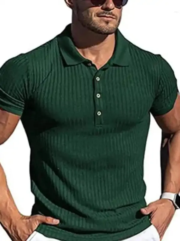 New Men’s High Stretch Vertical Stripe Long Sleeve POLO Shirt Slim Fit Short Sleeve Polo Shirt