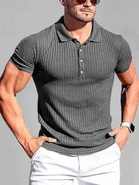 New Men’s High Stretch Vertical Stripe Long Sleeve POLO Shirt Slim Fit Short Sleeve Polo Shirt