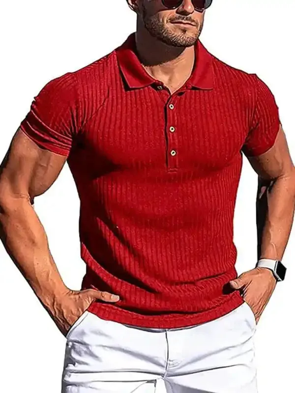 New Men’s High Stretch Vertical Stripe Long Sleeve POLO Shirt Slim Fit Short Sleeve Polo Shirt